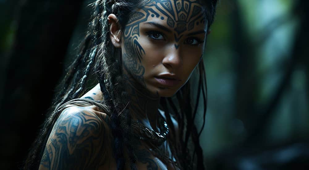 Female tribal figure wtih face tattoos